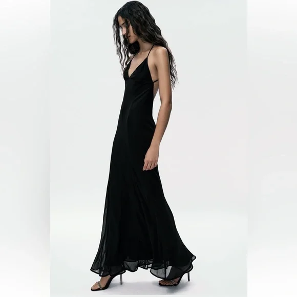 Last one 🚨Zara STRAPPY GAUZE Maxi Dress V-neck Open back strap Lining M NWT - Picture 5 of 13
